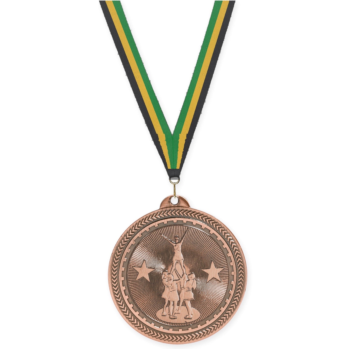 2 inch competitive cheer Sunburst medal in antique bronze with Black Gold Green neck ribbon