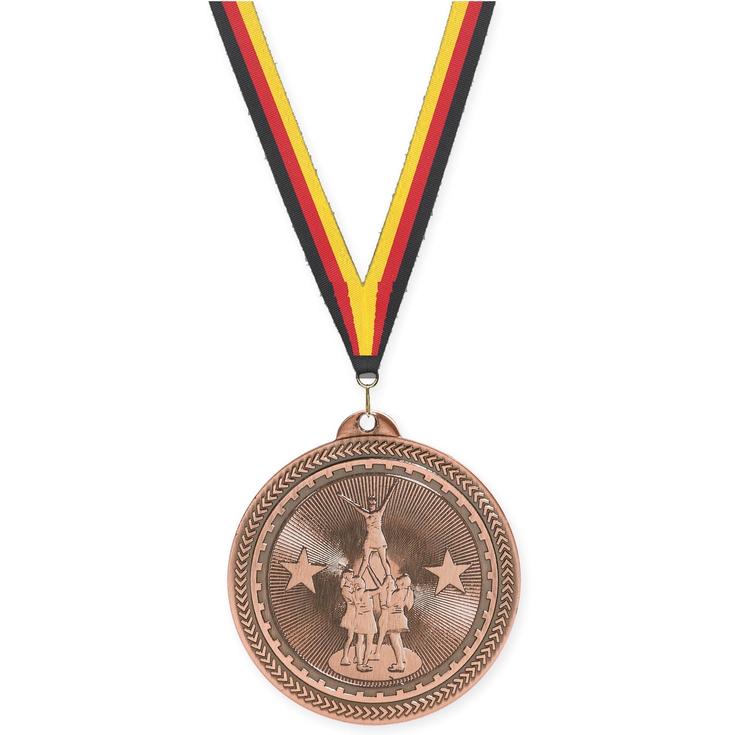 2 inch competitive cheer Sunburst medal in antique bronze with Black Red Yellow neck ribbon