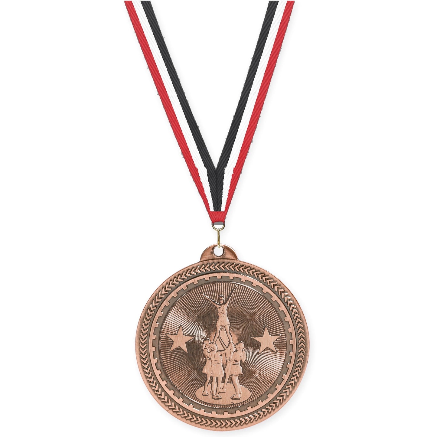 2 inch competitive cheer Sunburst medal in antique bronze with Red White Black neck ribbon