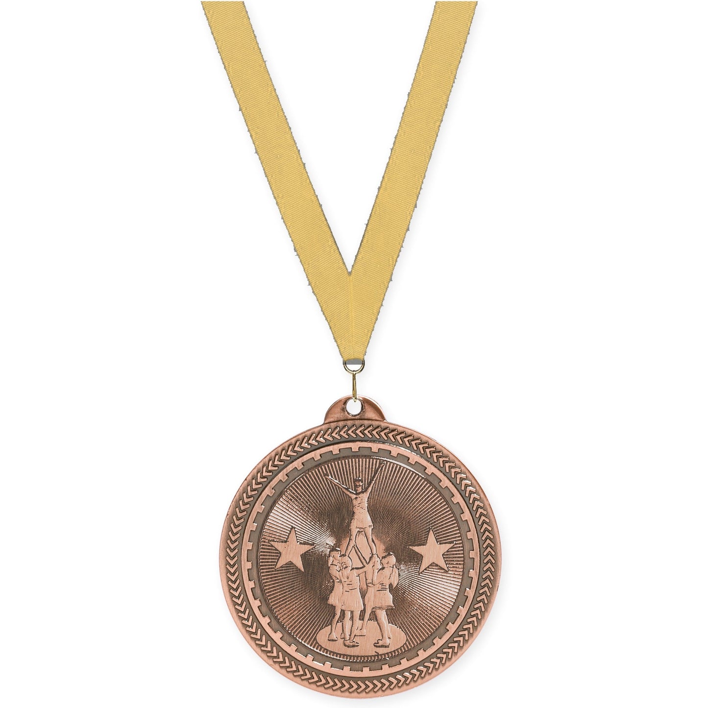 2 inch competitive cheer Sunburst medal in antique bronze with Gold Metallic neck ribbon