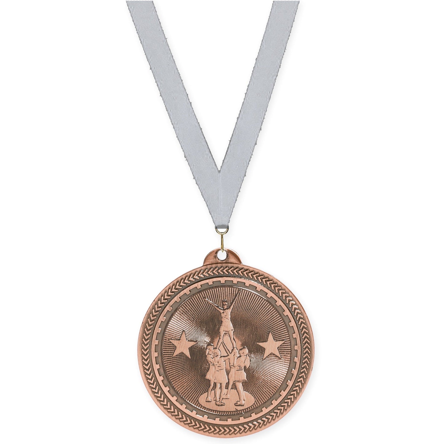 2 inch competitive cheer Sunburst medal in antique bronze with Silver Metallic neck ribbon