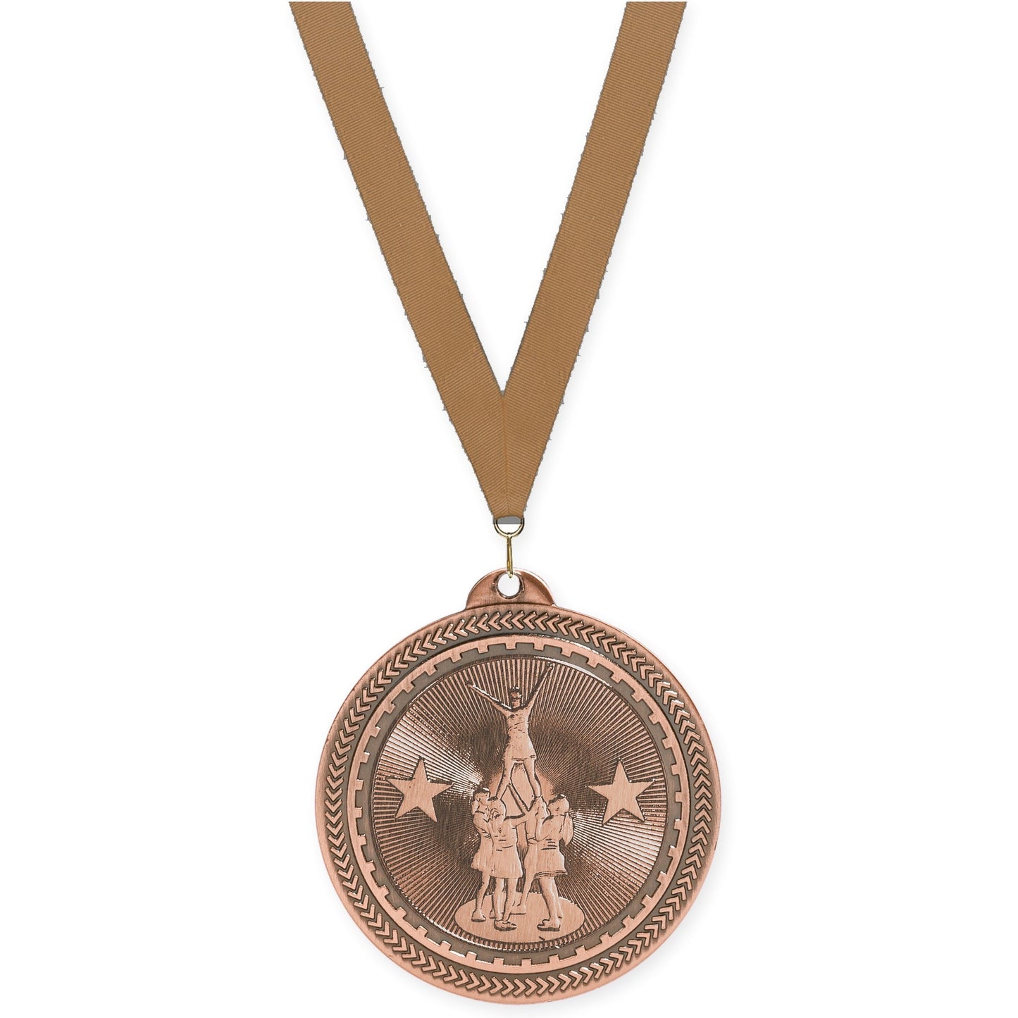 2 inch competitive cheer Sunburst medal in antique bronze with Bronze Metallic neck ribbon