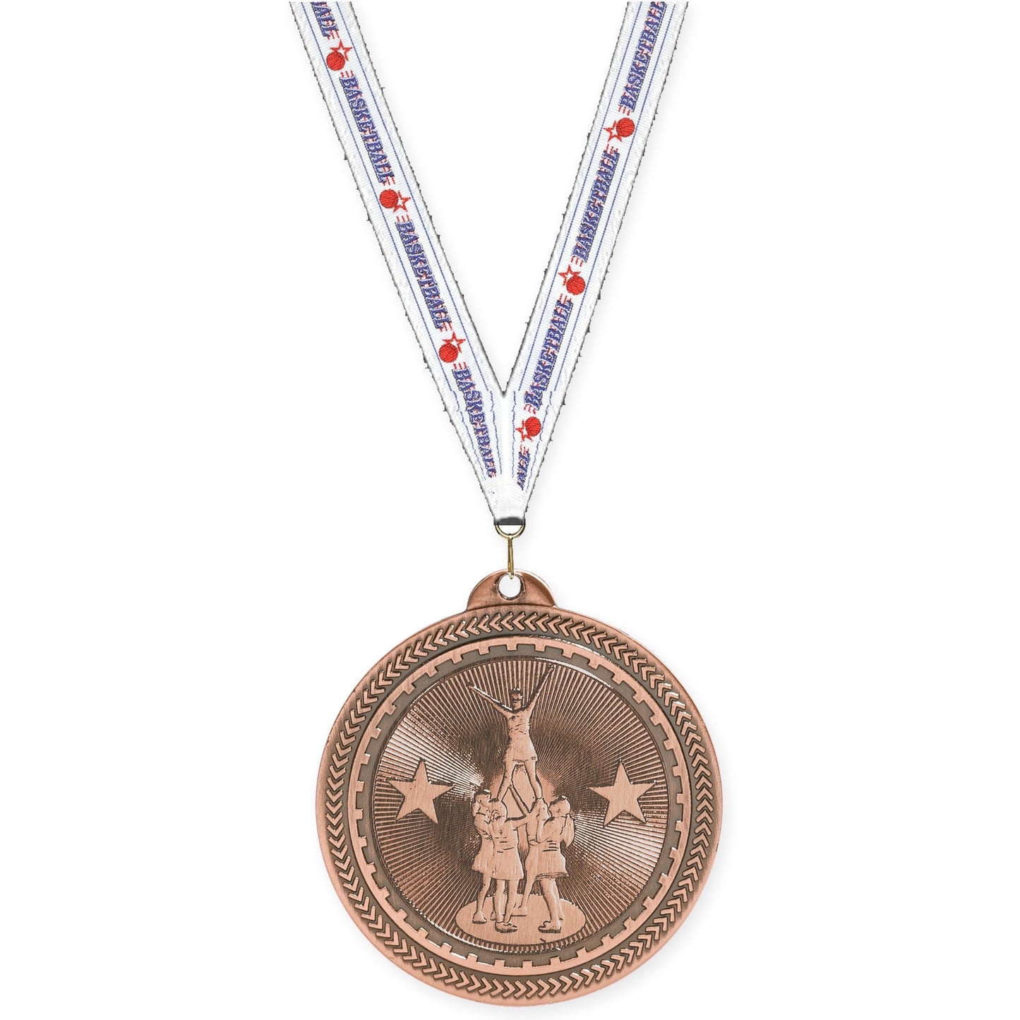 2 inch competitive cheer Sunburst medal in antique bronze with Basketball neck ribbon