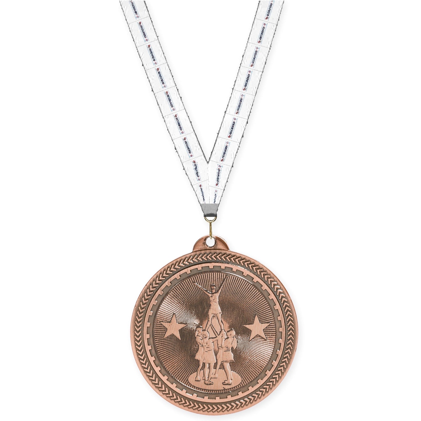 2 inch competitive cheer Sunburst medal in antique bronze with Gymnastics neck ribbon