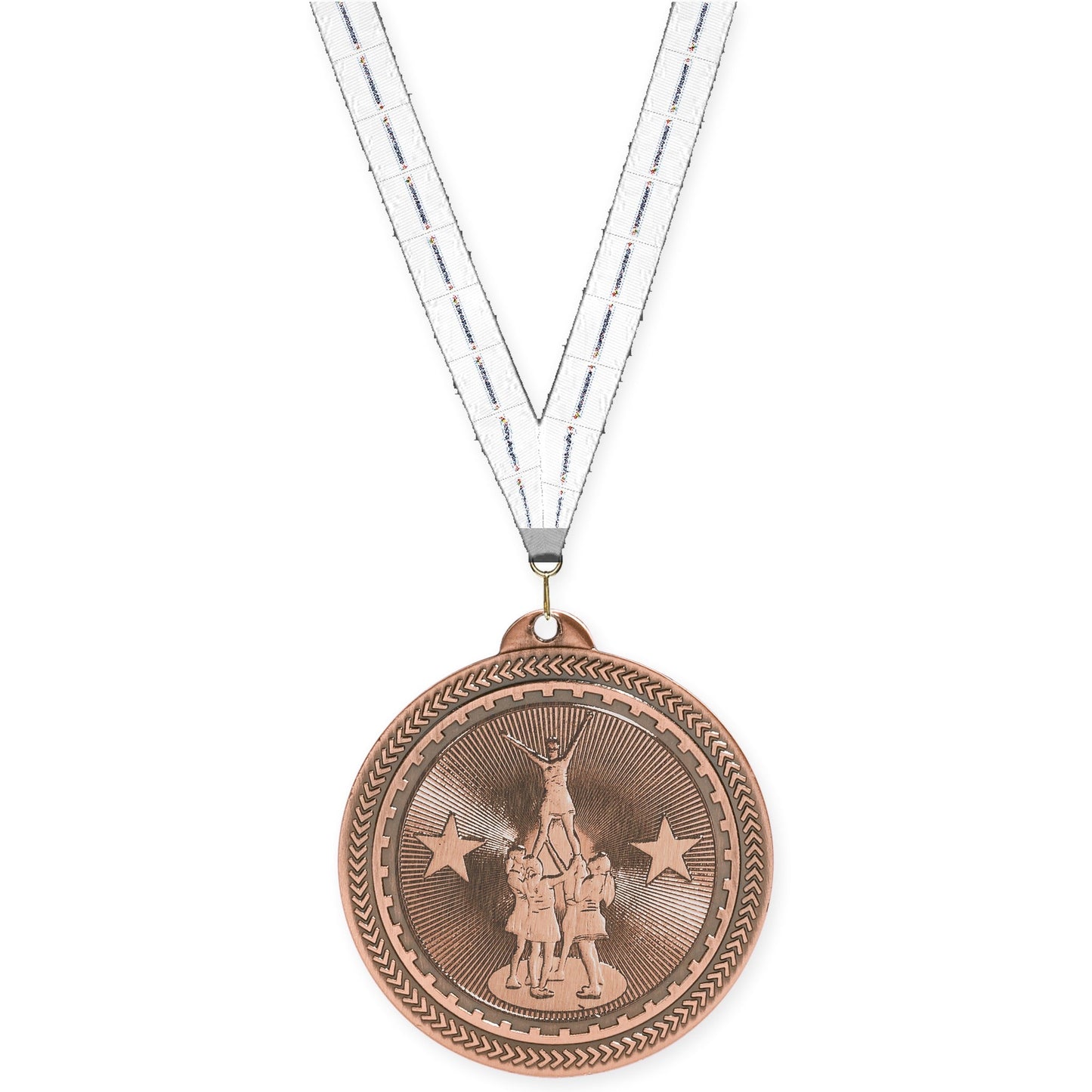 2 inch competitive cheer Sunburst medal in antique bronze with Lamp Of Knowledge neck ribbon