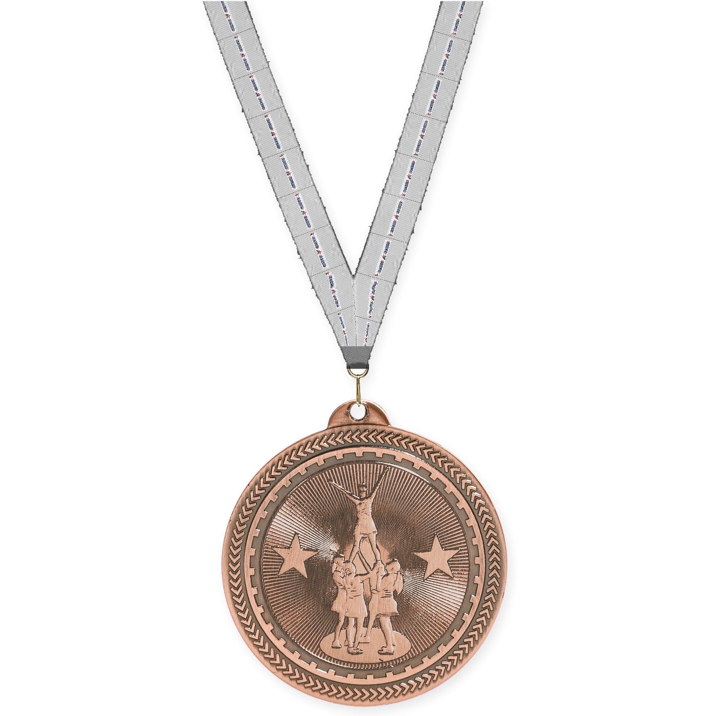 2 inch competitive cheer Sunburst medal in antique bronze with Auto Racing neck ribbon