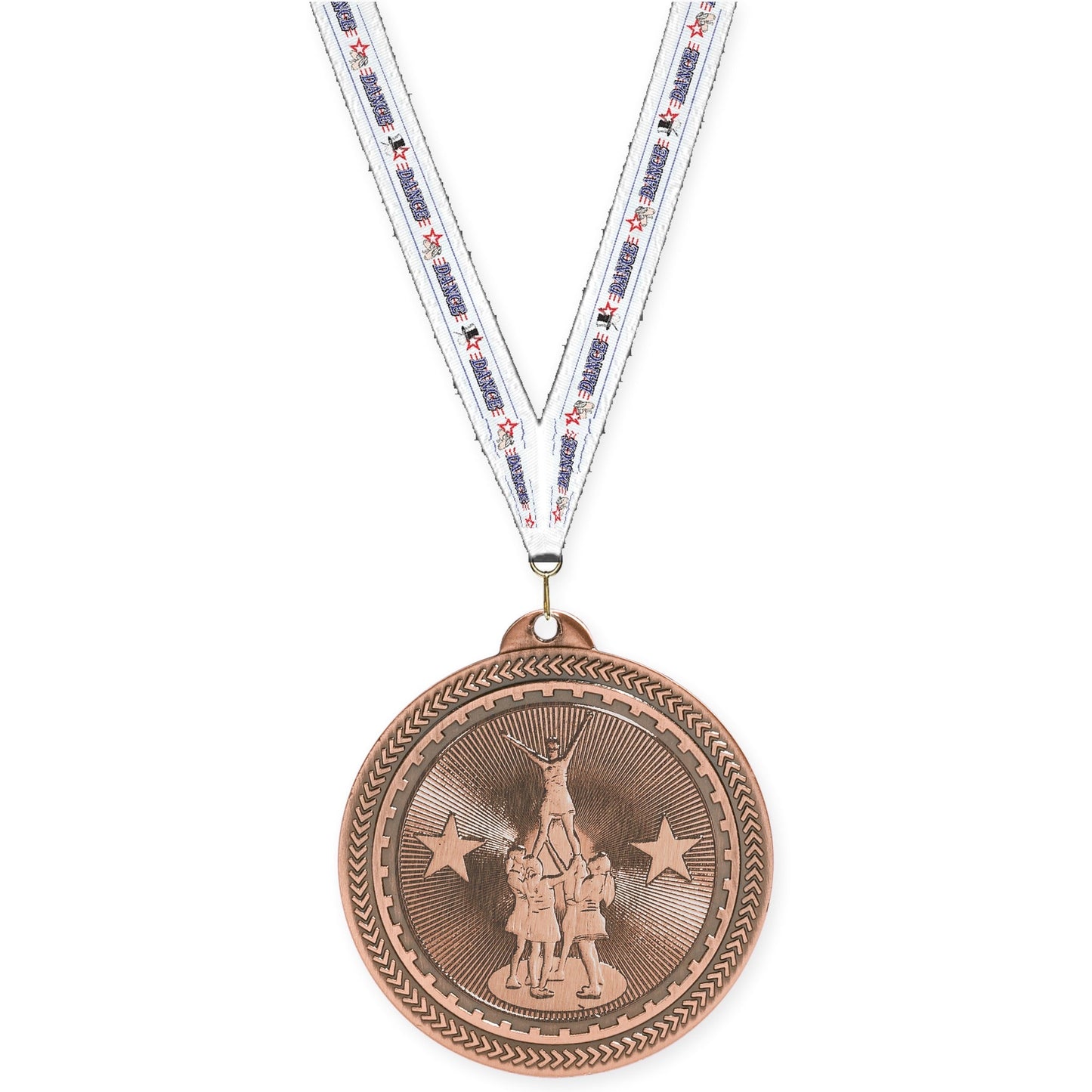 2 inch competitive cheer Sunburst medal in antique bronze with Dance neck ribbon