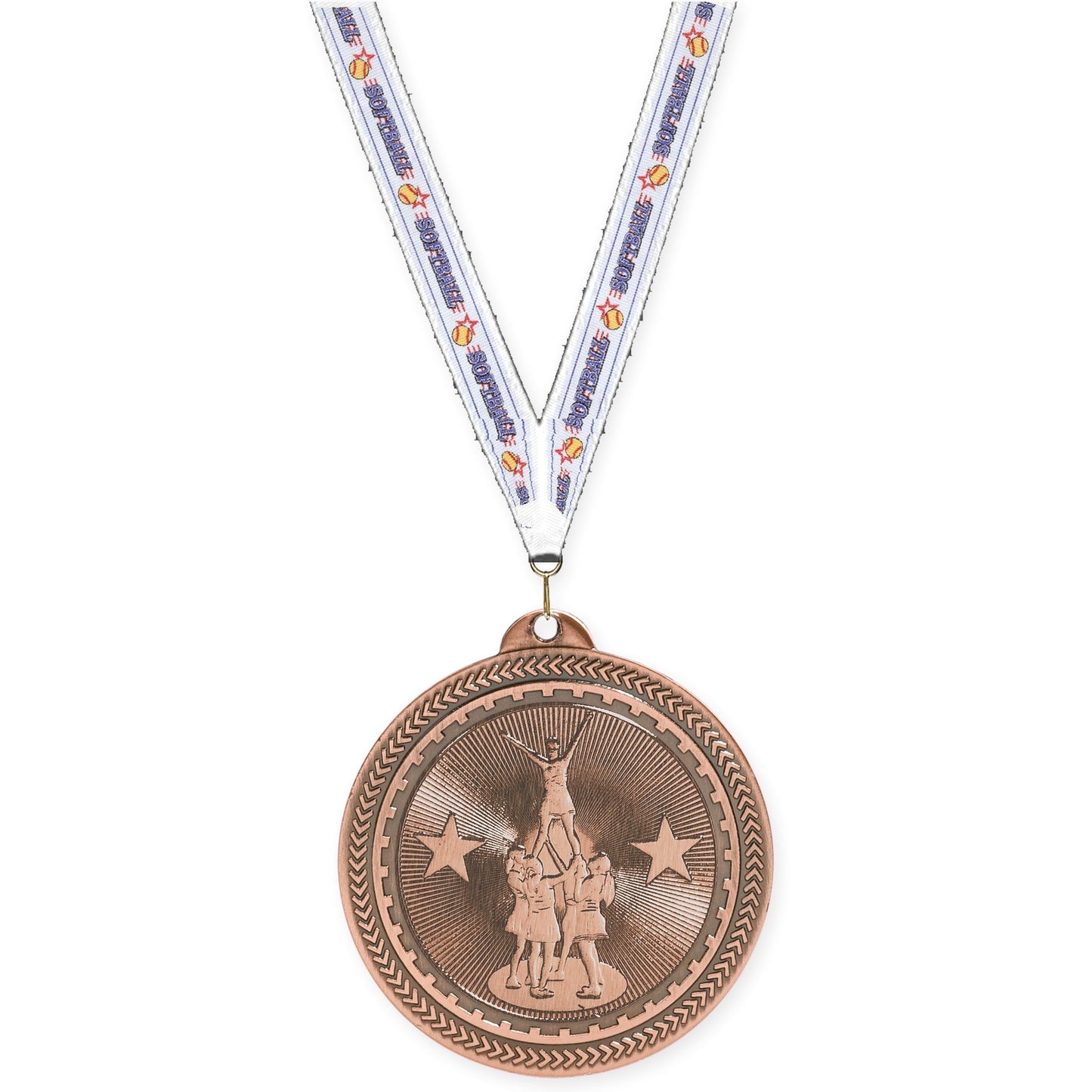 2 inch competitive cheer Sunburst medal in antique bronze with Softball neck ribbon