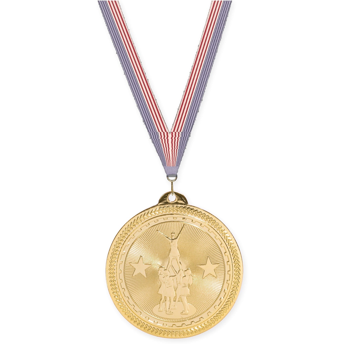 2 inch competitive cheer Sunburst medal in bright gold with USA Flag neck ribbon