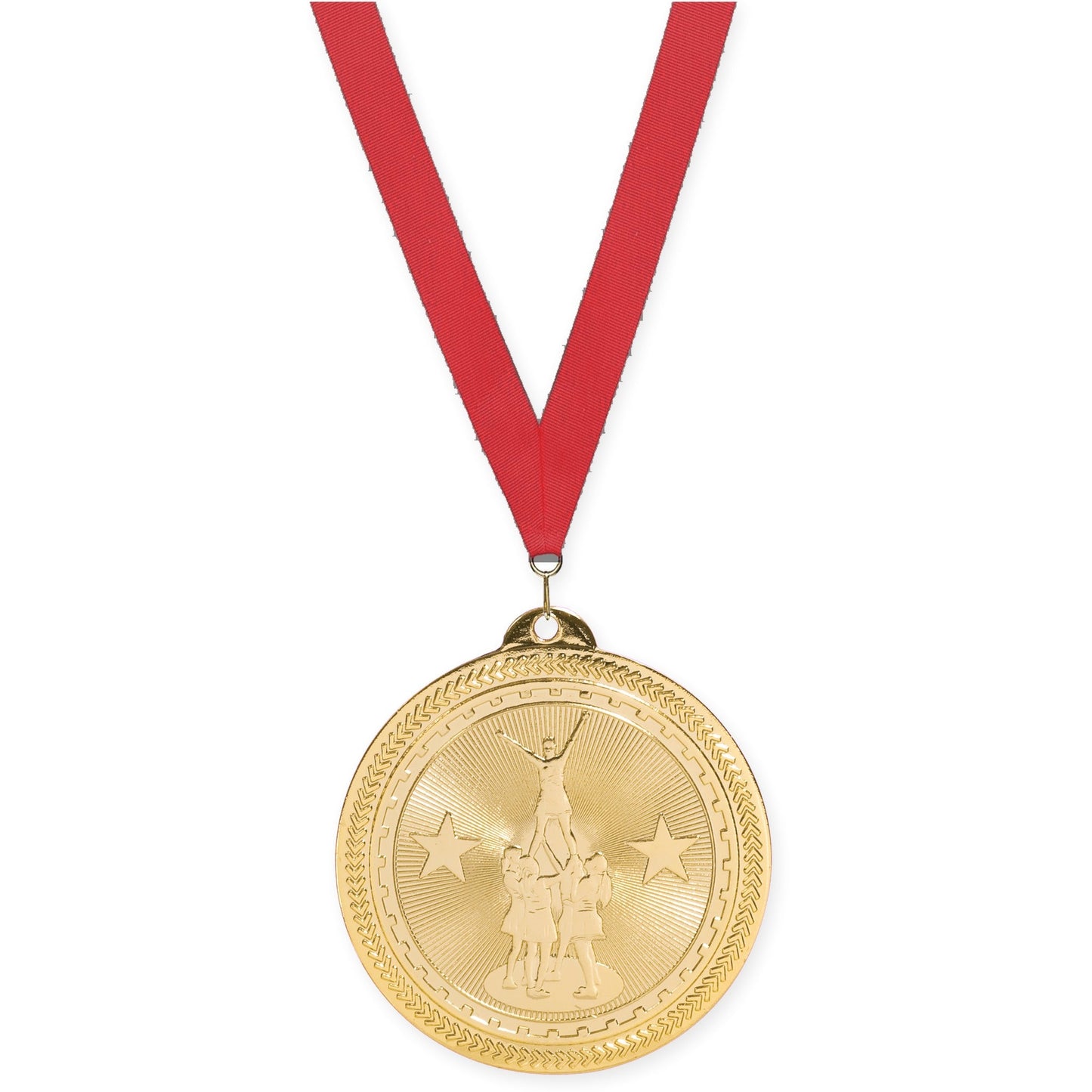 2 inch competitive cheer Sunburst medal in bright gold with Red neck ribbon