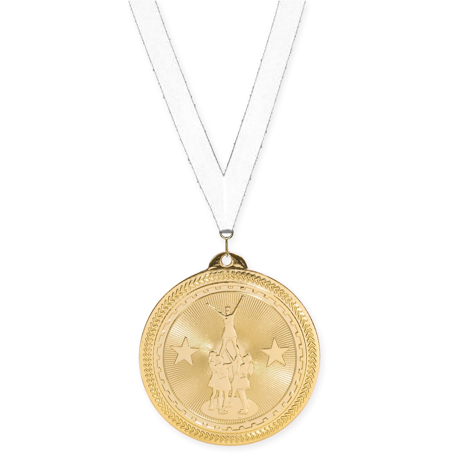 2 inch competitive cheer Sunburst medal in bright gold with White neck ribbon