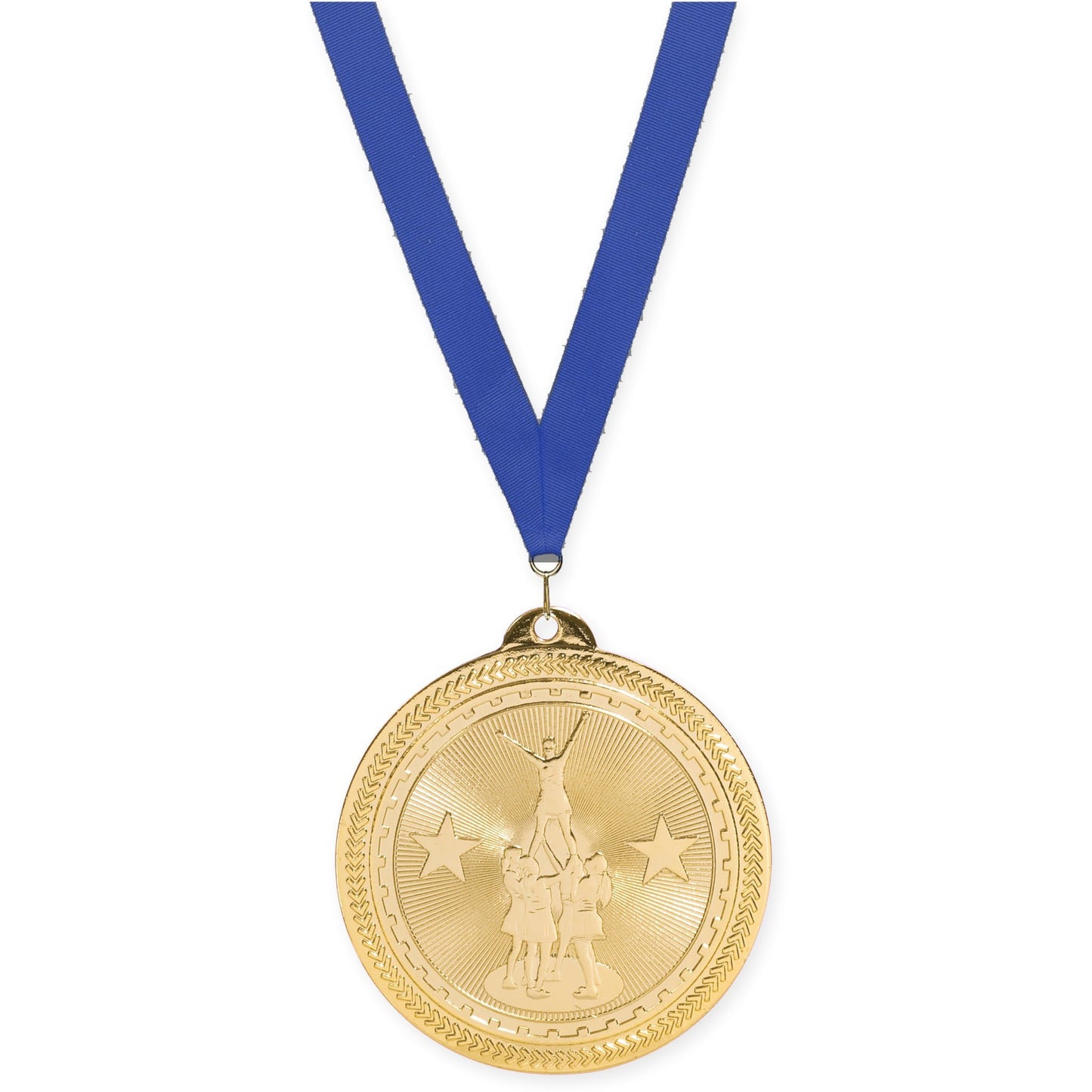 2 inch competitive cheer Sunburst medal in bright gold with Blue neck ribbon
