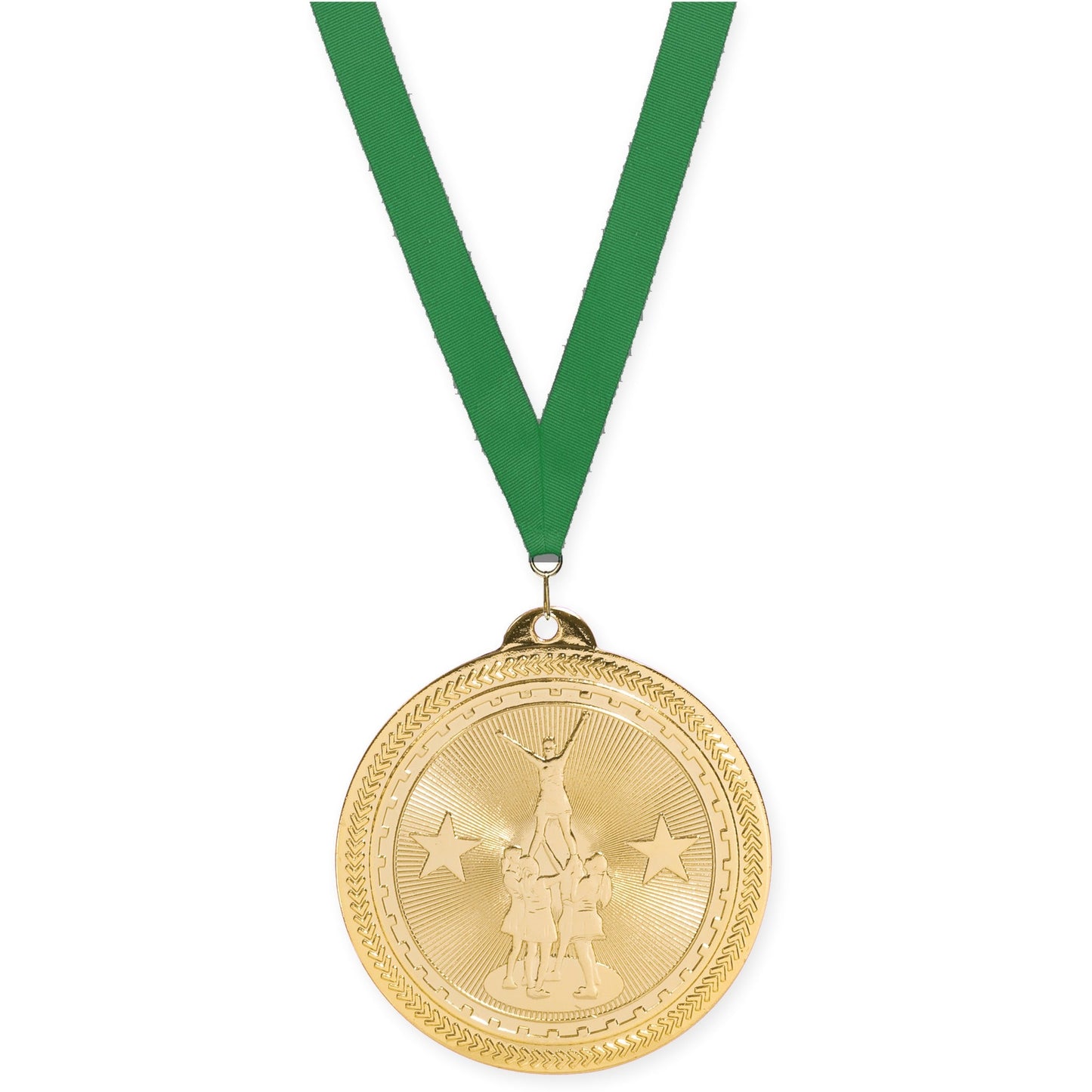 2 inch competitive cheer Sunburst medal in bright gold with Green neck ribbon