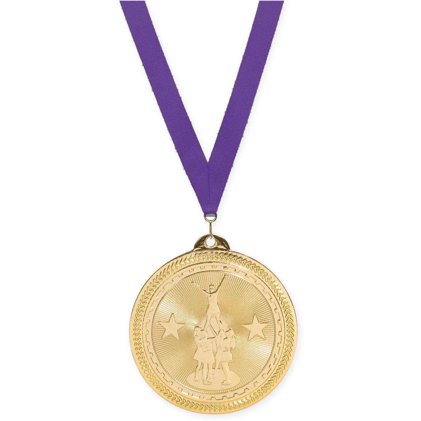 2 inch competitive cheer Sunburst medal in bright gold with Purple neck ribbon