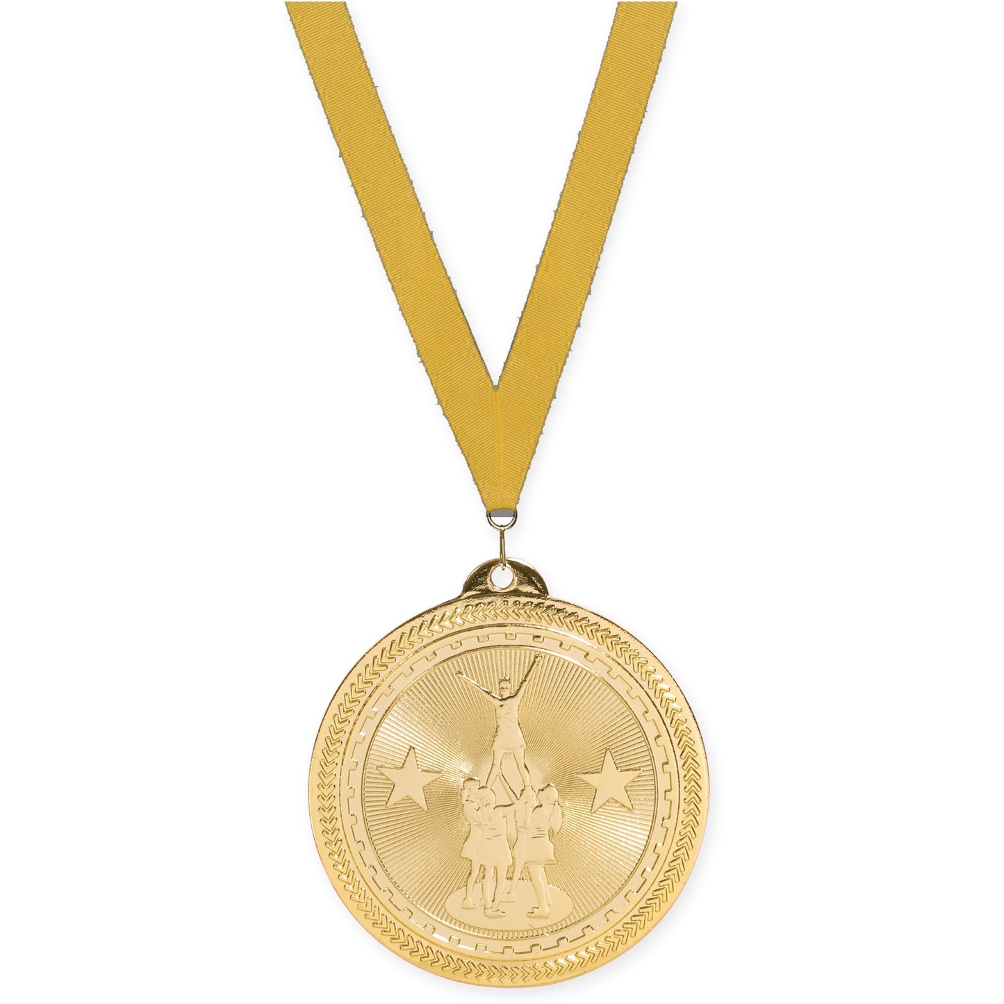 2 inch competitive cheer Sunburst medal in bright gold with Gold neck ribbon