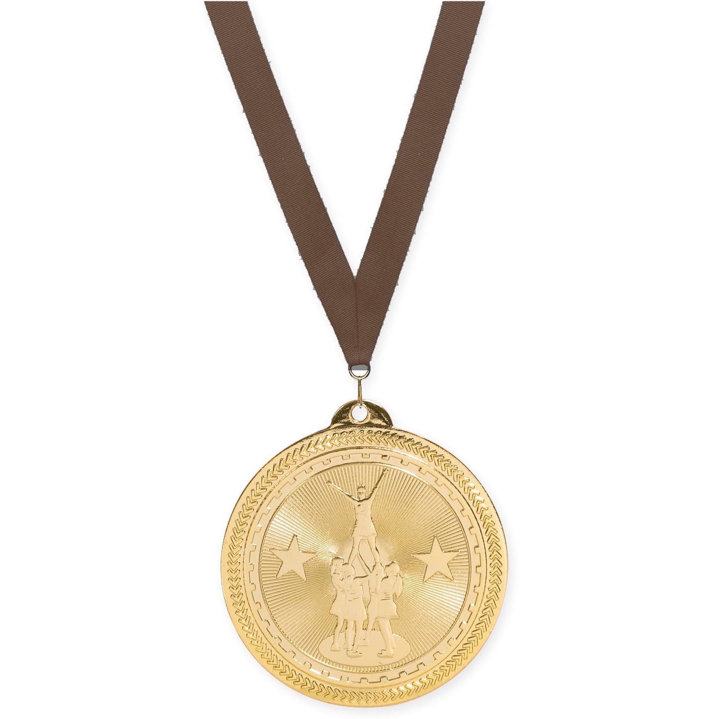 2 inch competitive cheer Sunburst medal in bright gold with Brown neck ribbon