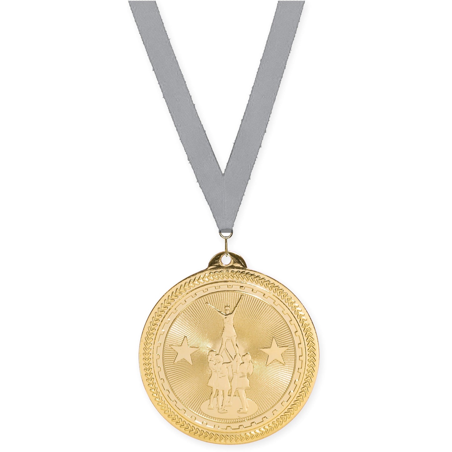 2 inch competitive cheer Sunburst medal in bright gold with Gray neck ribbon