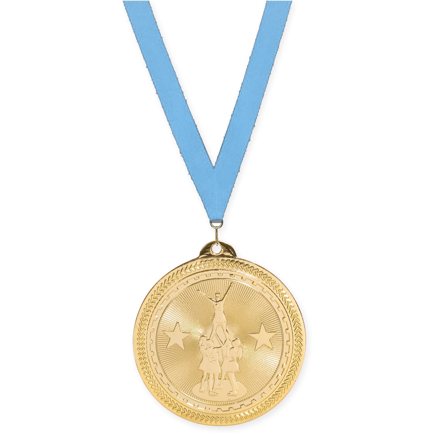 2 inch competitive cheer Sunburst medal in bright gold with Light Blue neck ribbon