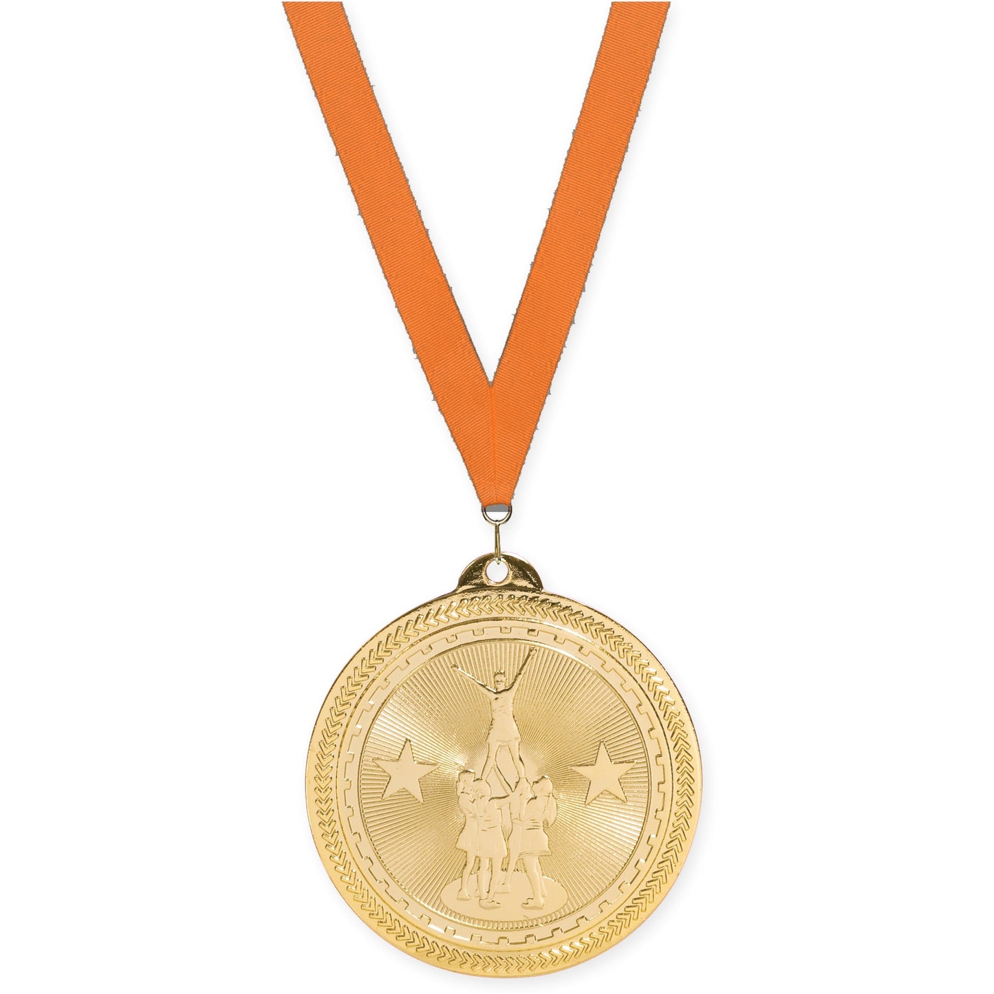 2 inch competitive cheer Sunburst medal in bright gold with Orange neck ribbon