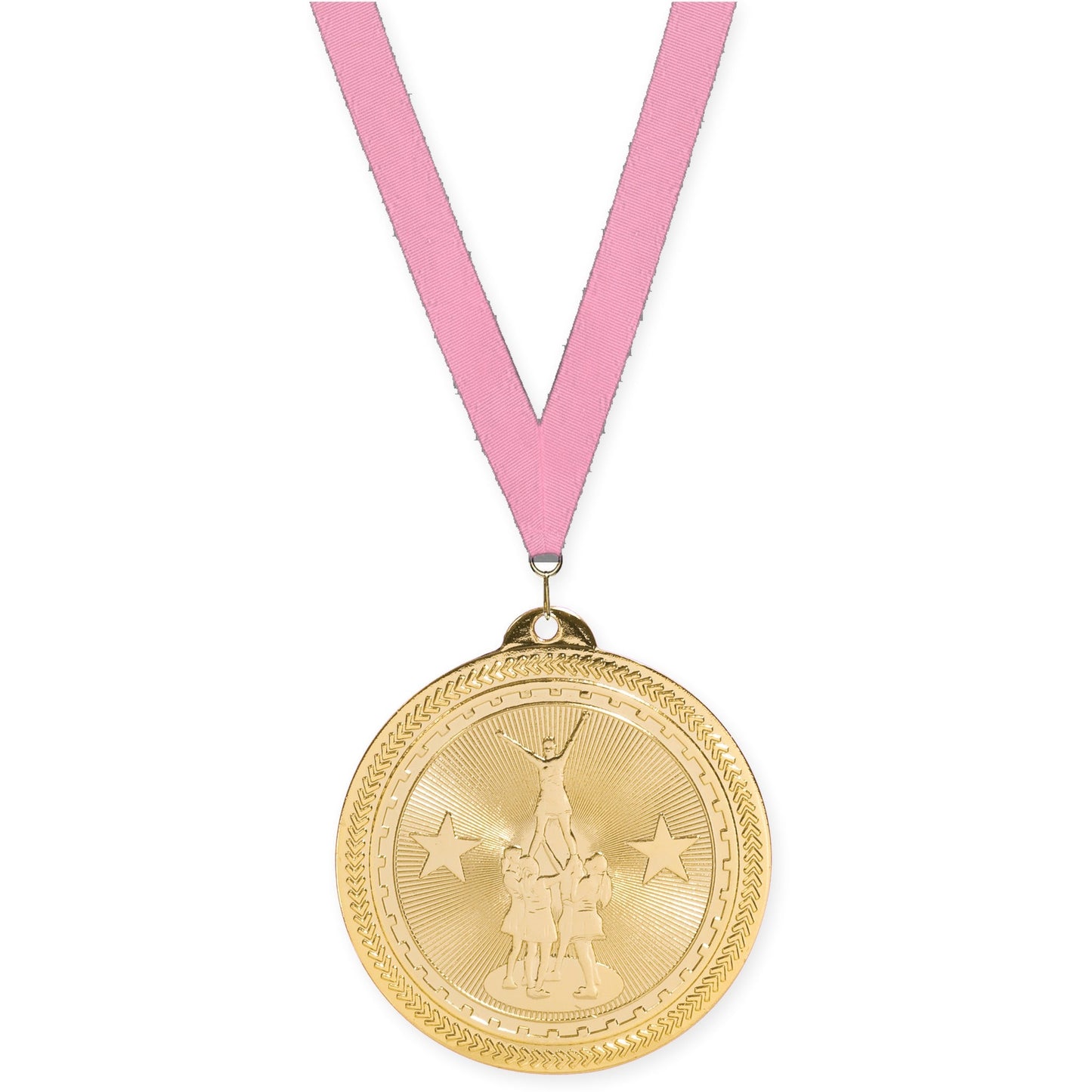 2 inch competitive cheer Sunburst medal in bright gold with Pink neck ribbon