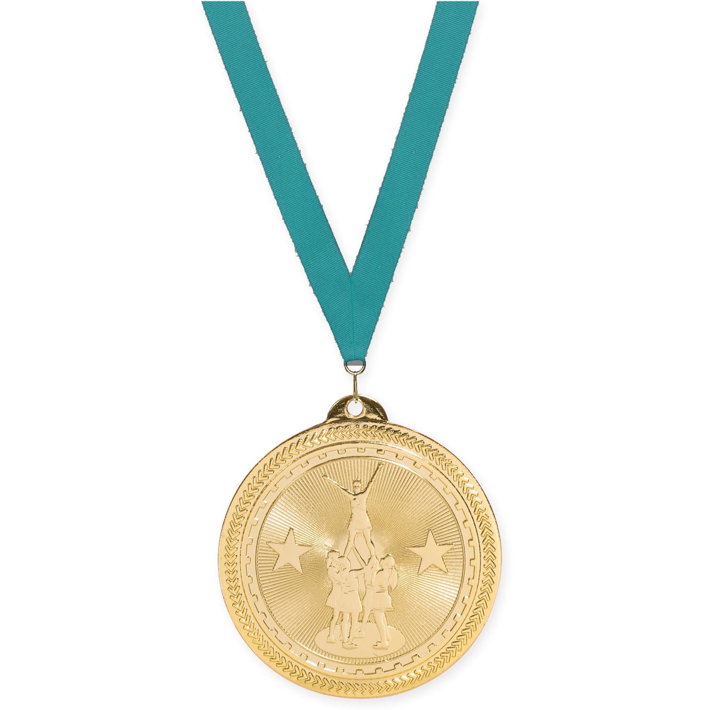 2 inch competitive cheer Sunburst medal in bright gold with Teal neck ribbon