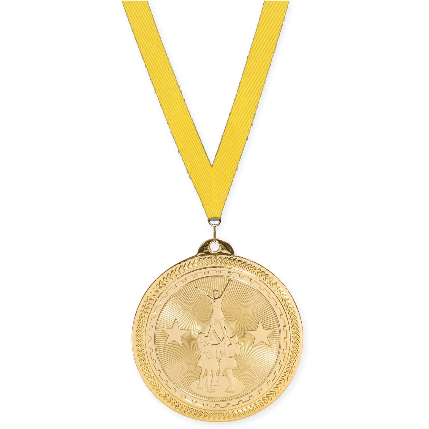 2 inch competitive cheer Sunburst medal in bright gold with Yellow neck ribbon