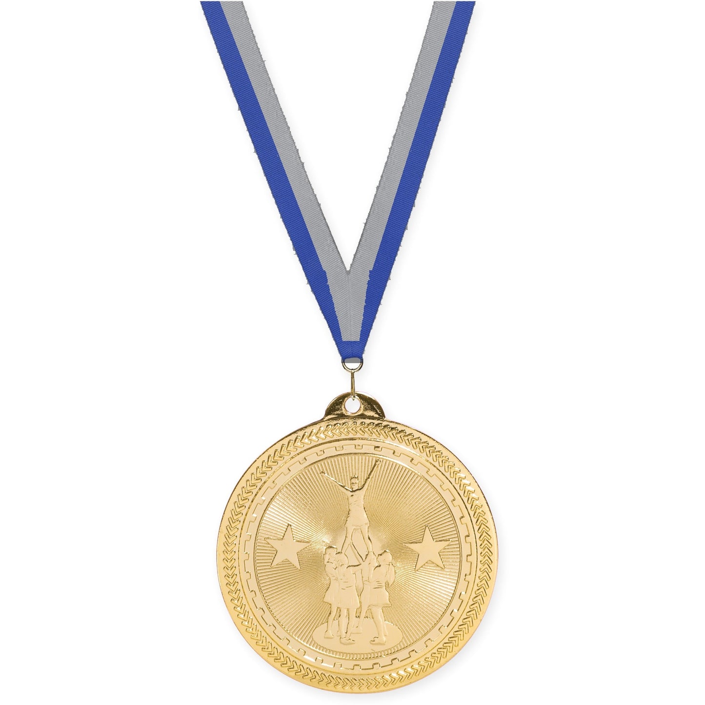 2 inch competitive cheer Sunburst medal in bright gold with Blue Gray neck ribbon