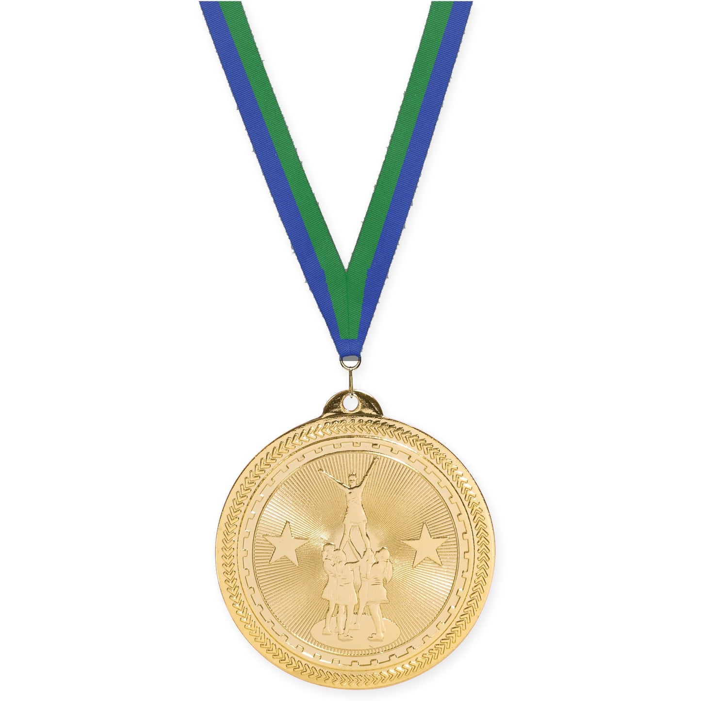 2 inch competitive cheer Sunburst medal in bright gold with Blue Green neck ribbon