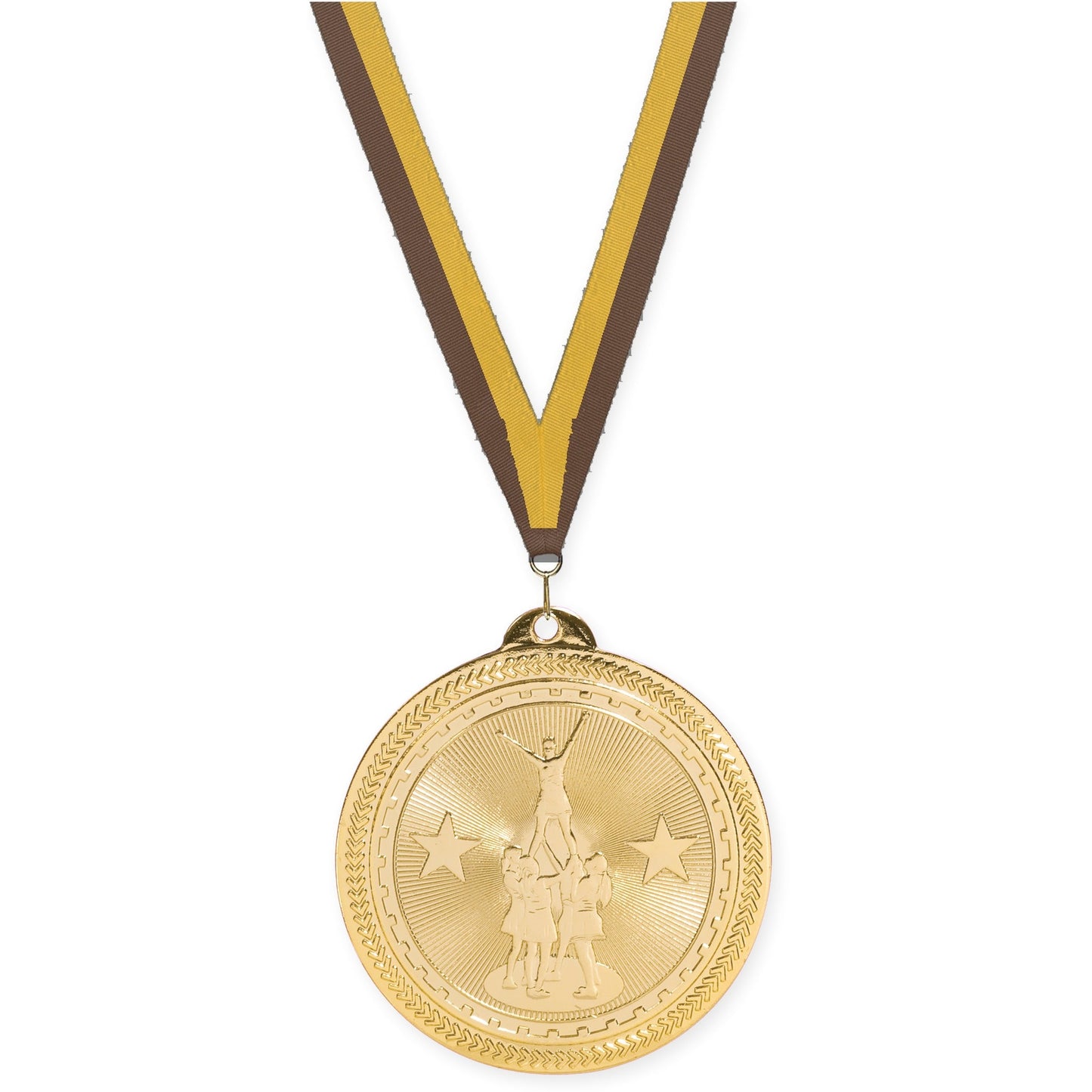 2 inch competitive cheer Sunburst medal in bright gold with Brown Gold neck ribbon