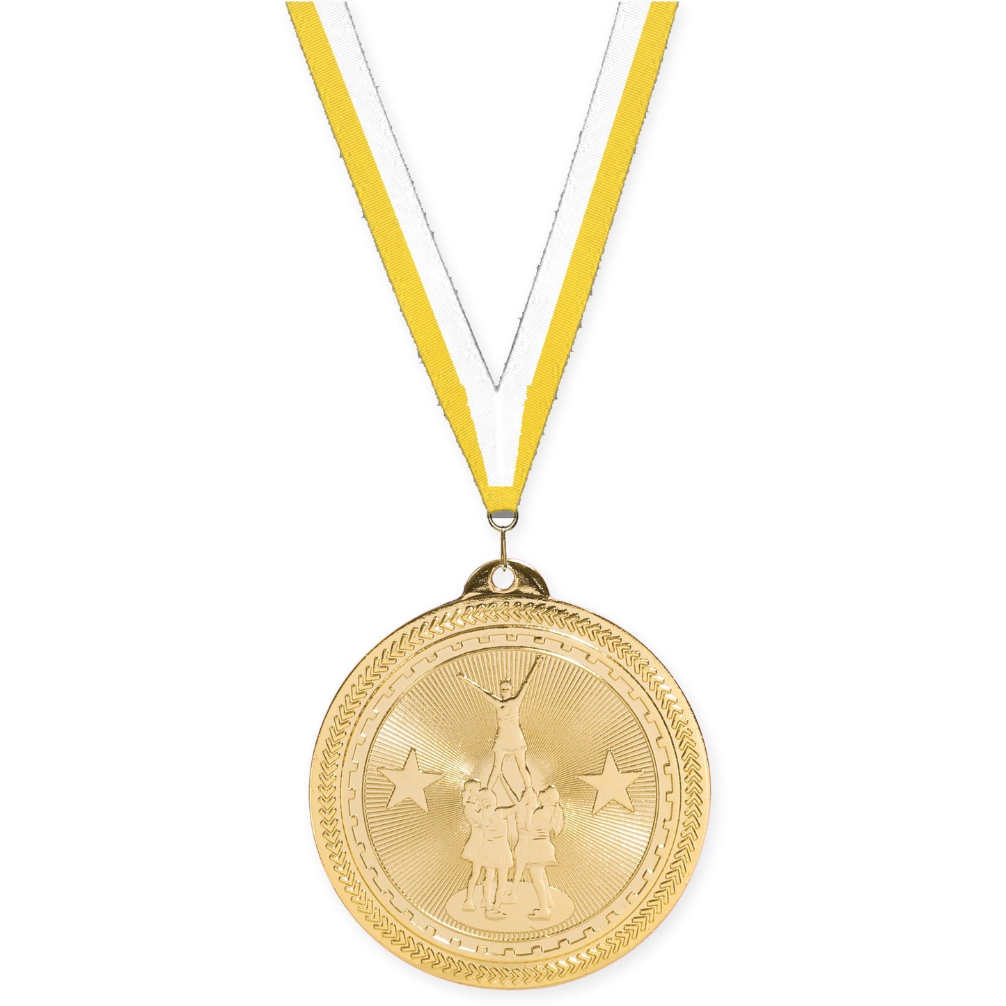 2 inch competitive cheer Sunburst medal in bright gold with Yellow White neck ribbon