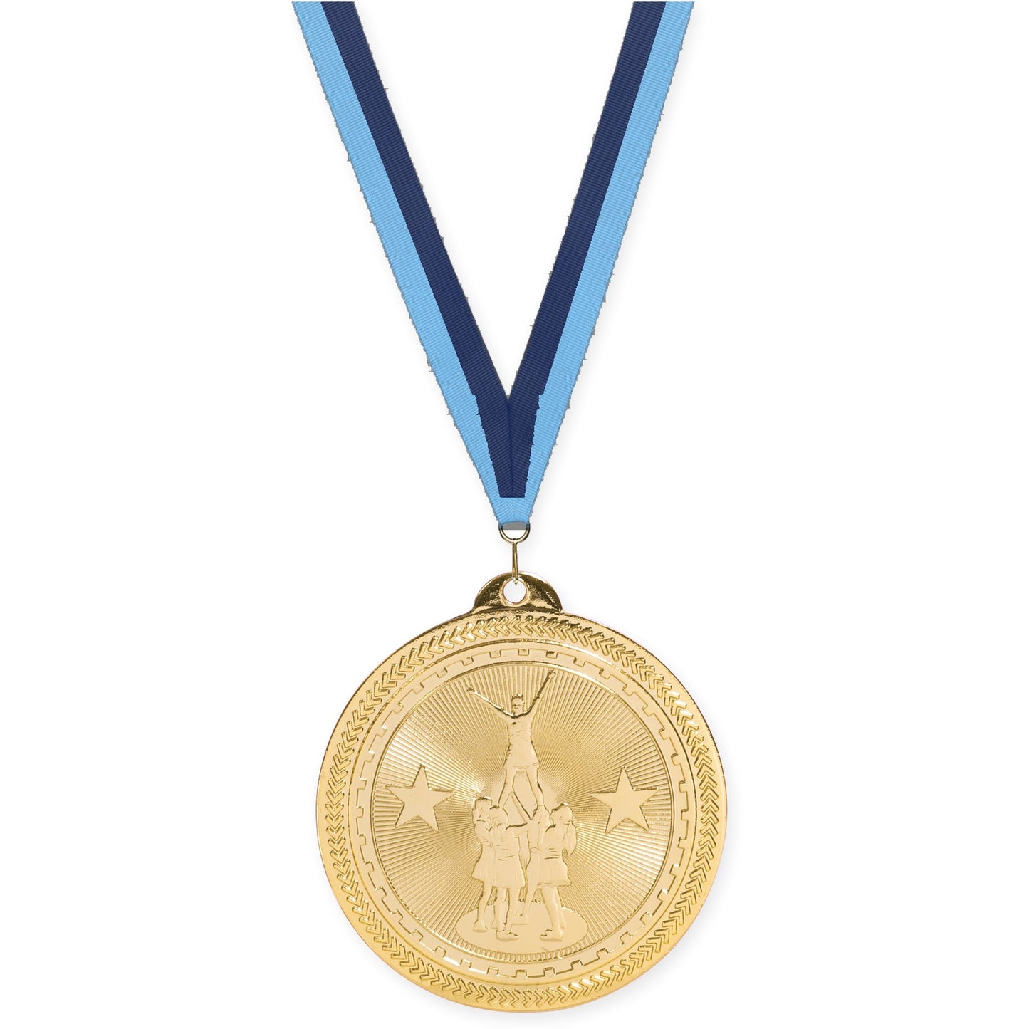 2 inch competitive cheer Sunburst medal in bright gold with Light Blue Navy neck ribbon
