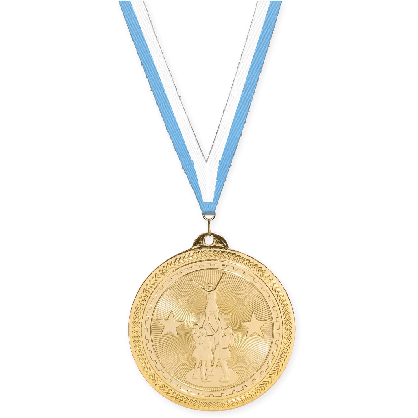 2 inch competitive cheer Sunburst medal in bright gold with Light Blue White neck ribbon