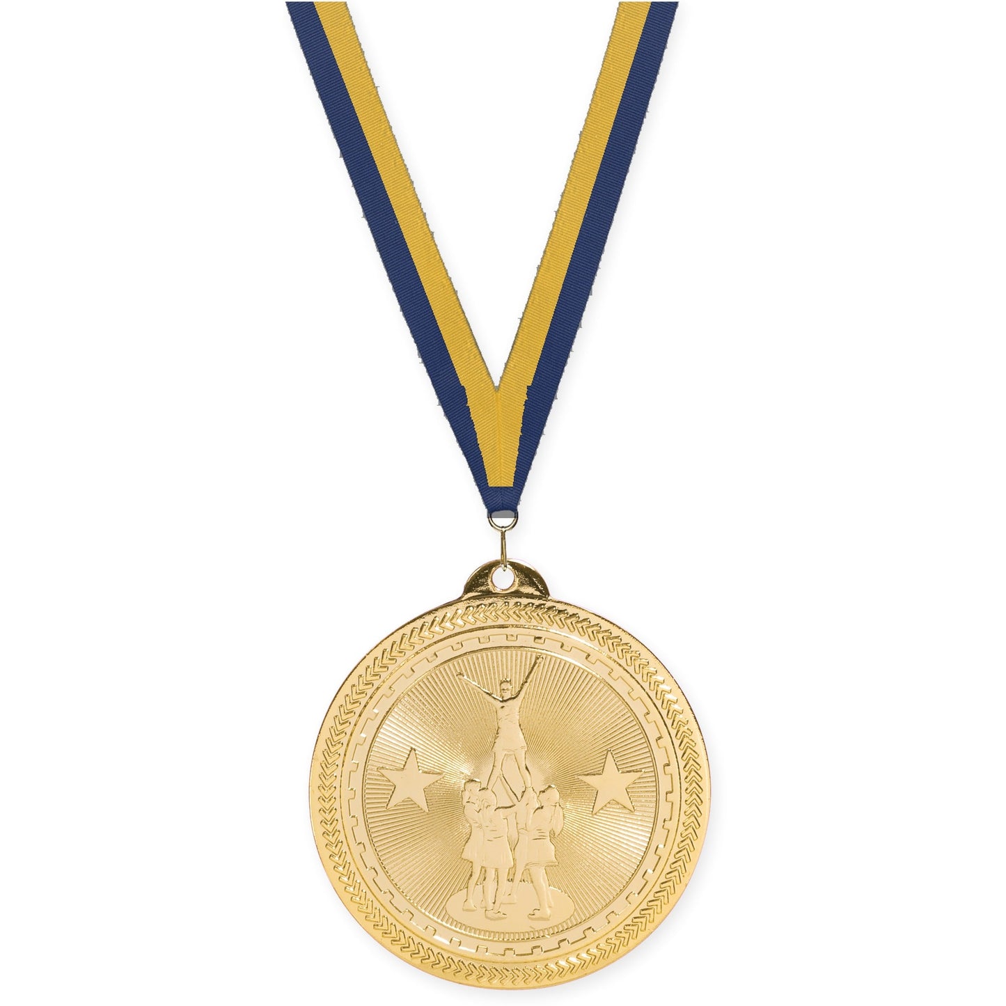 2 inch competitive cheer Sunburst medal in bright gold with Navy Gold neck ribbon