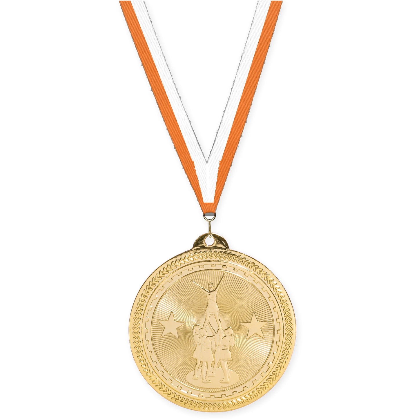 2 inch competitive cheer Sunburst medal in bright gold with Orange White neck ribbon