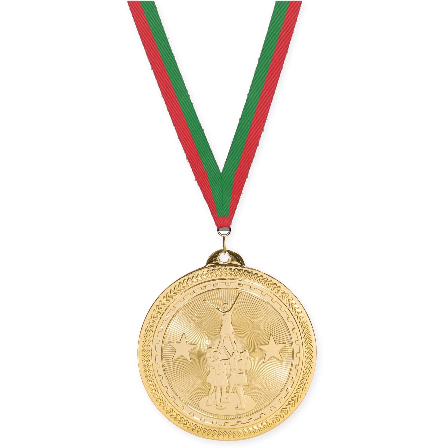 2 inch competitive cheer Sunburst medal in bright gold with Red Green neck ribbon