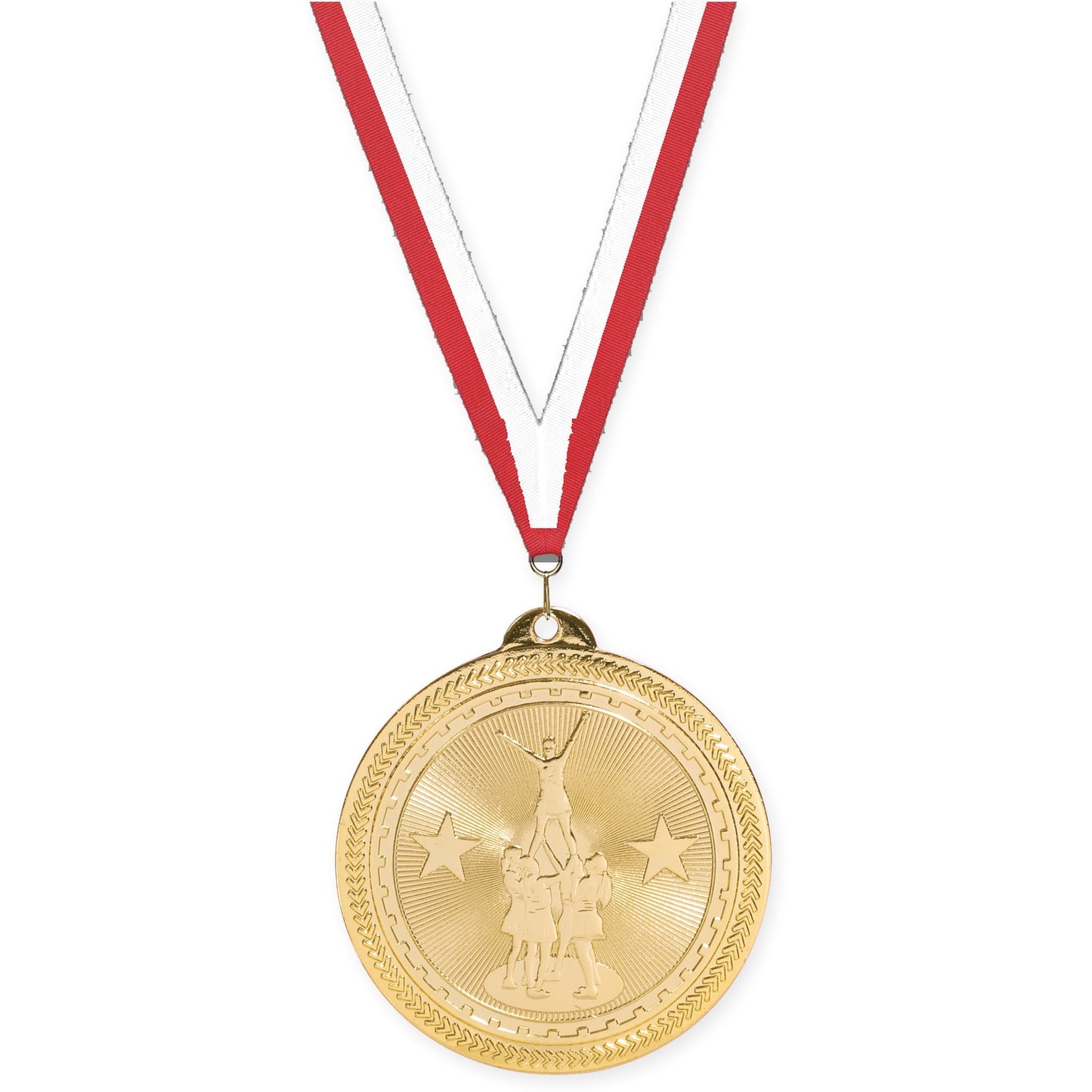 2 inch competitive cheer Sunburst medal in bright gold with Red White neck ribbon