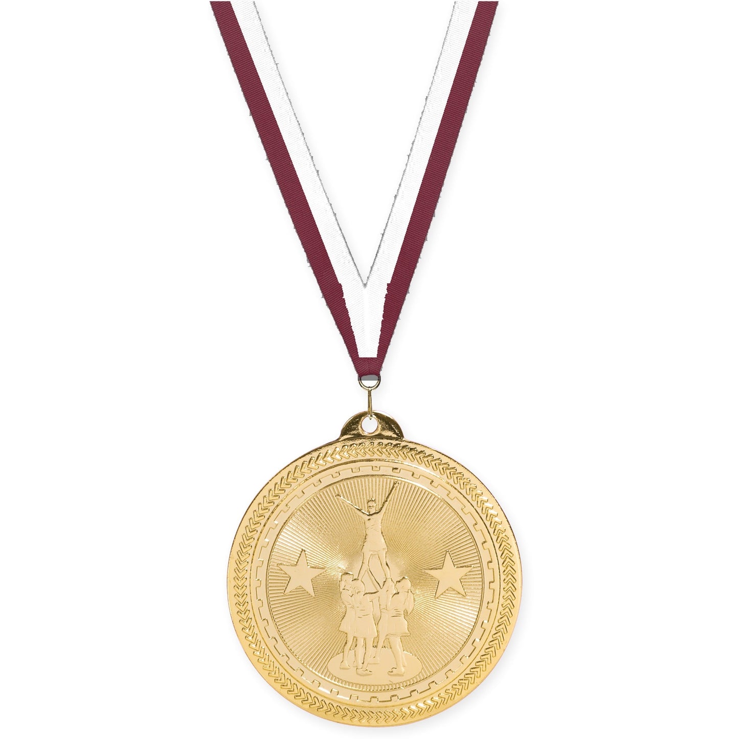 2 inch competitive cheer Sunburst medal in bright gold with Maroon White neck ribbon