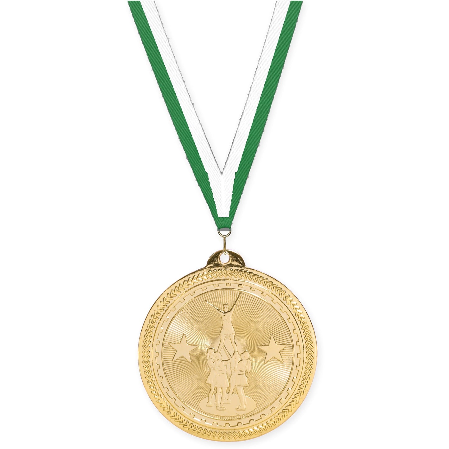 2 inch competitive cheer Sunburst medal in bright gold with Green White neck ribbon