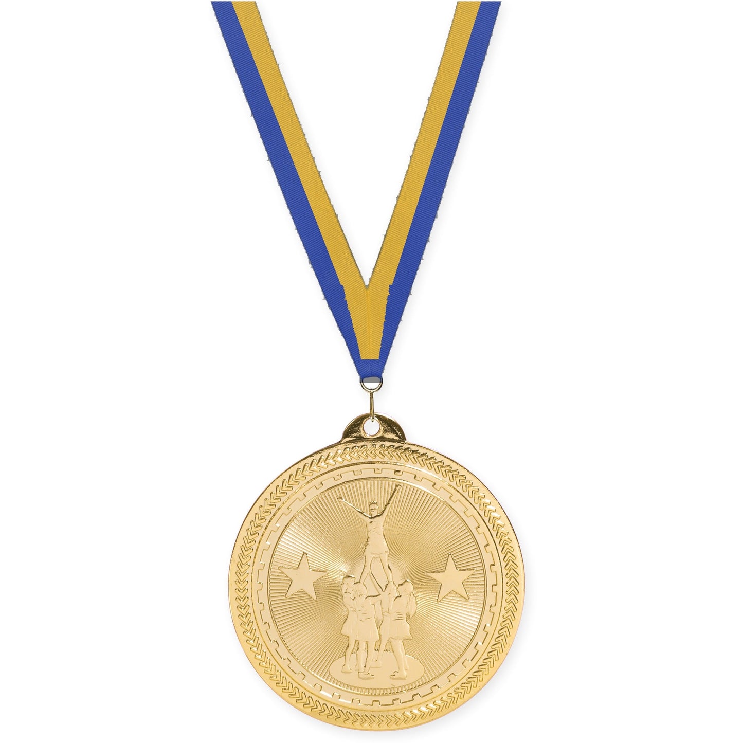 2 inch competitive cheer Sunburst medal in bright gold with Blue Gold neck ribbon