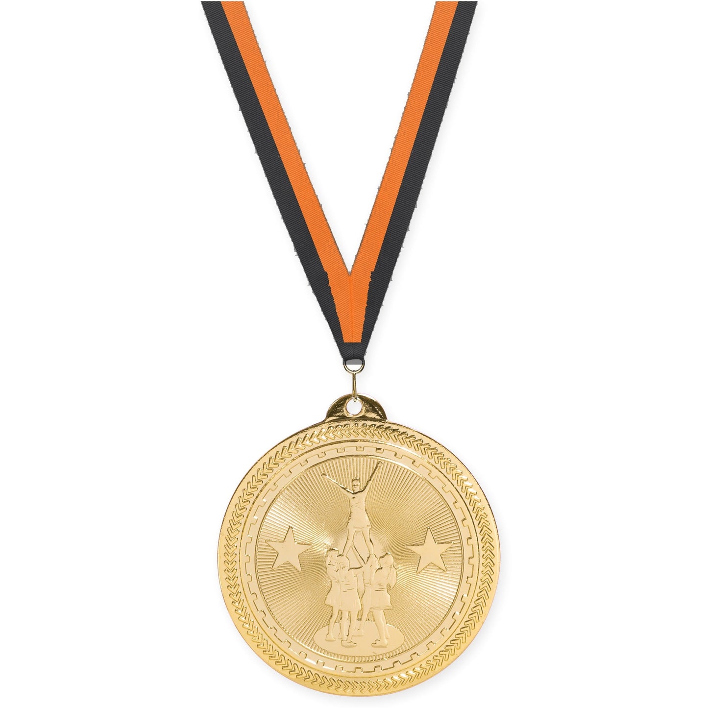 2 inch competitive cheer Sunburst medal in bright gold with Black Orange neck ribbon