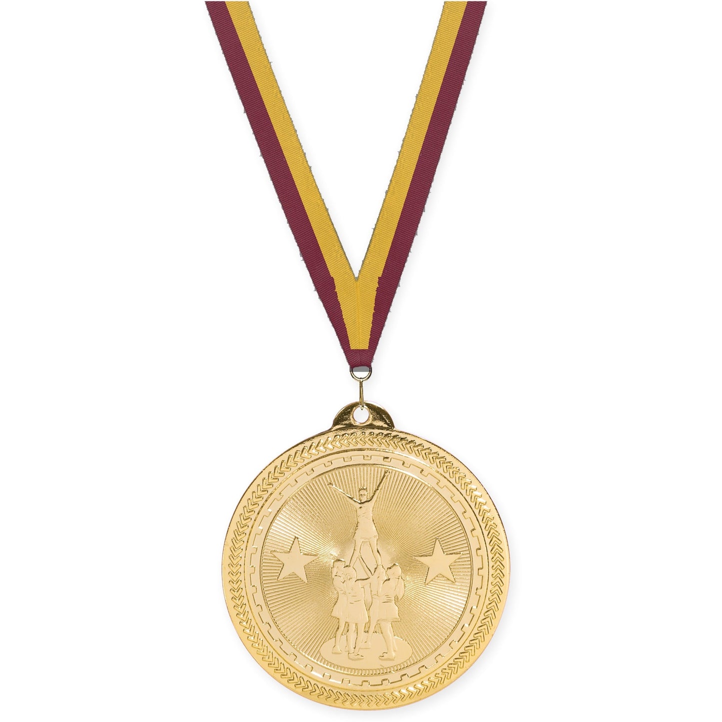 2 inch competitive cheer Sunburst medal in bright gold with Maroon Gold neck ribbon
