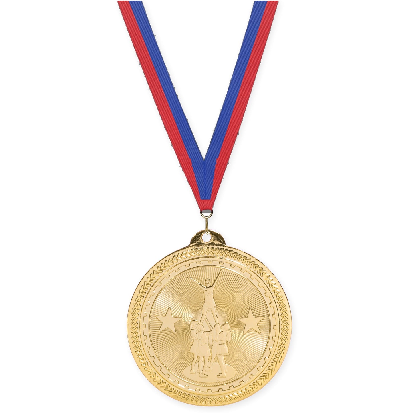 2 inch competitive cheer Sunburst medal in bright gold with Blue Red neck ribbon