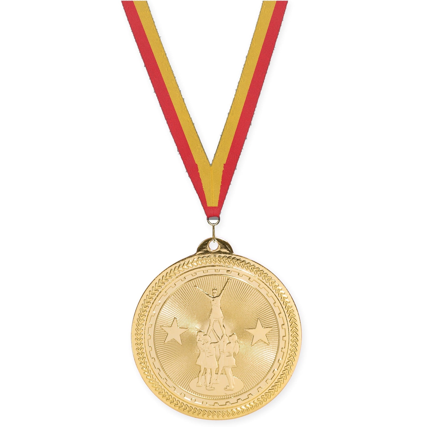 2 inch competitive cheer Sunburst medal in bright gold with Red Gold neck ribbon