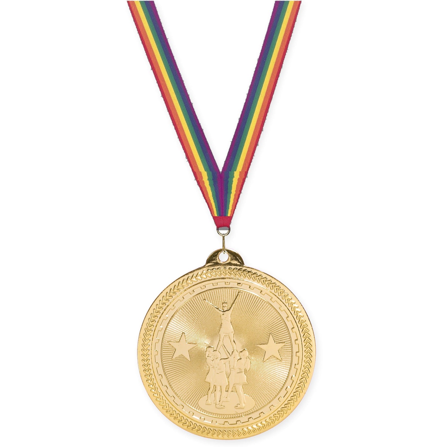 2 inch competitive cheer Sunburst medal in bright gold with Rainbow neck ribbon