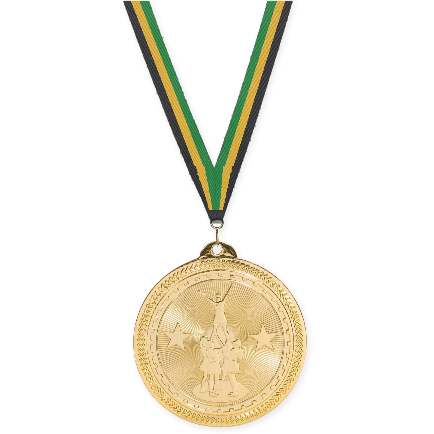 2 inch competitive cheer Sunburst medal in bright gold with Black Gold Green neck ribbon