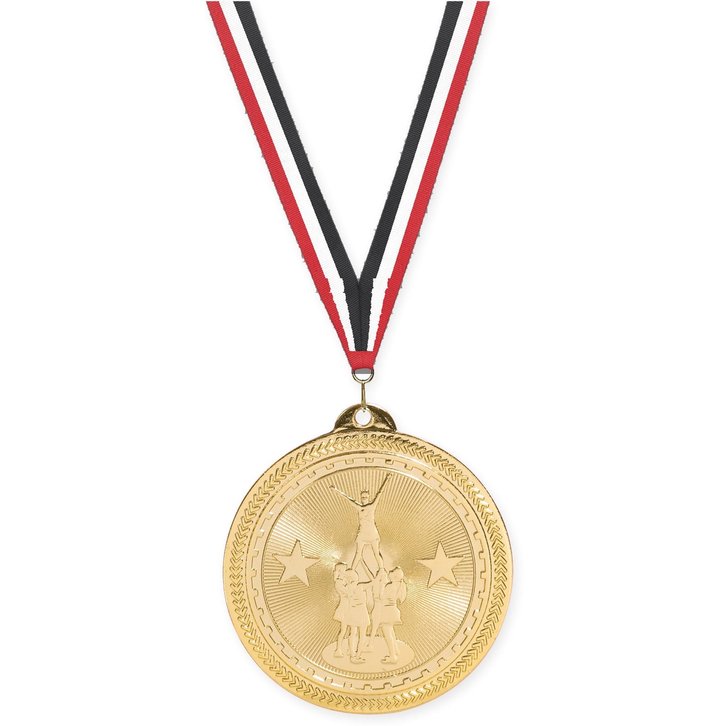 2 inch competitive cheer Sunburst medal in bright gold with Red White Black neck ribbon