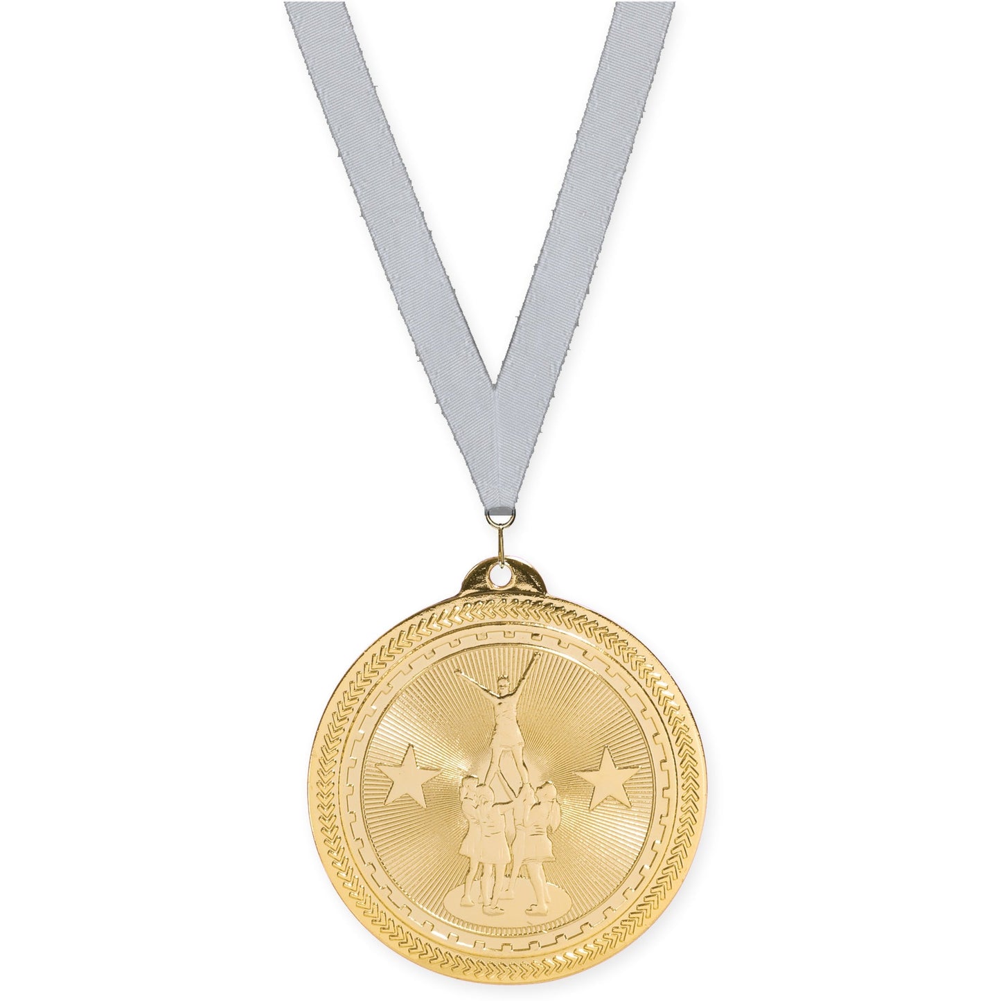 2 inch competitive cheer Sunburst medal in bright gold with Silver Metallic neck ribbon