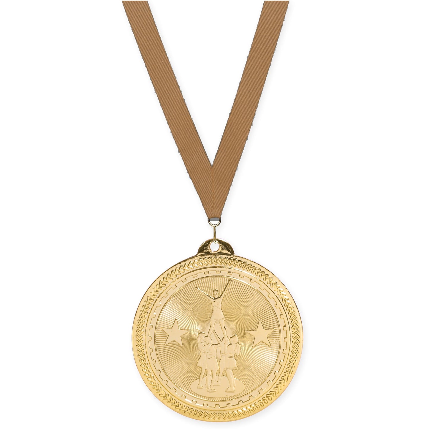 2 inch competitive cheer Sunburst medal in bright gold with Bronze Metallic neck ribbon