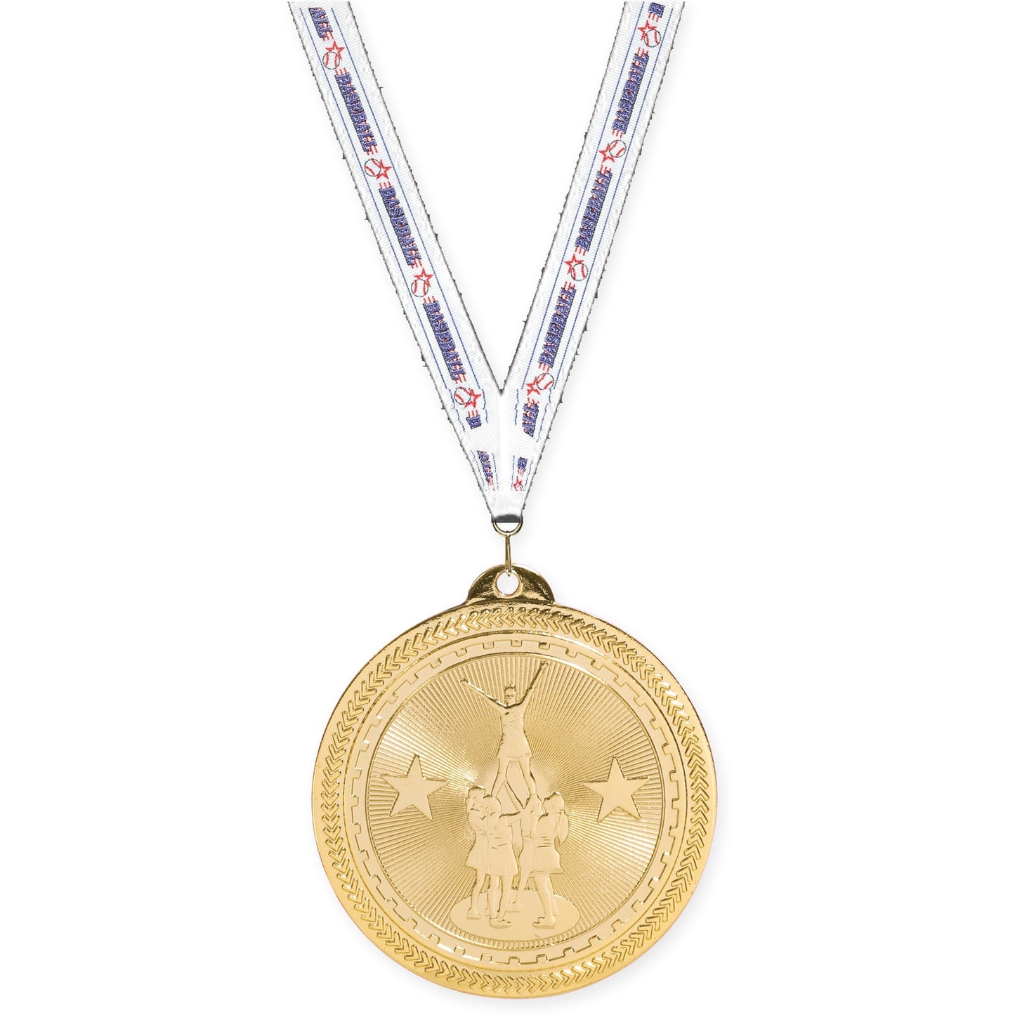 2 inch competitive cheer Sunburst medal in bright gold with Baseball neck ribbon