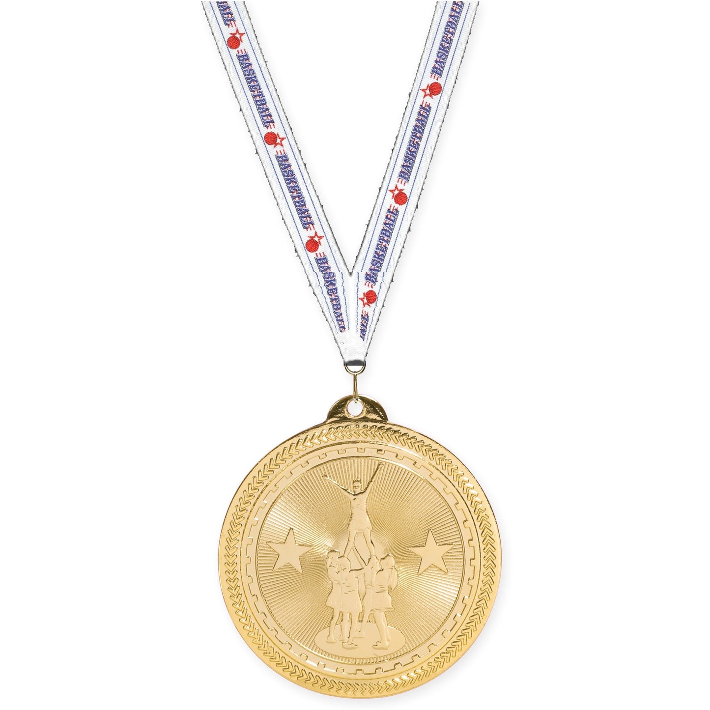 2 inch competitive cheer Sunburst medal in bright gold with Basketball neck ribbon